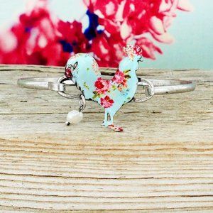 Bracelet. Chicken. Blue & Pink Vintage Floral Pattern. Pearl Charm. NWT.
